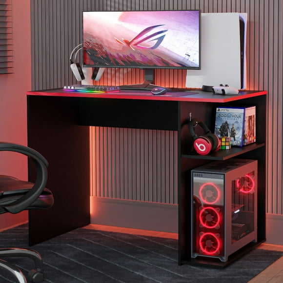 Madesa Compact Gaming Computer Desk with 2 Shelves, Cable Management and Large Monitor Stand, Wood, 21" D x 39" W x 30" H - Black/Red