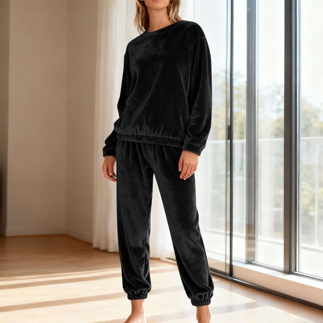 Conjunto de pijama de terciopelo grueso y cálido para mujer, con cuello redondo, estampado y pantalones de poliéster para invierno.