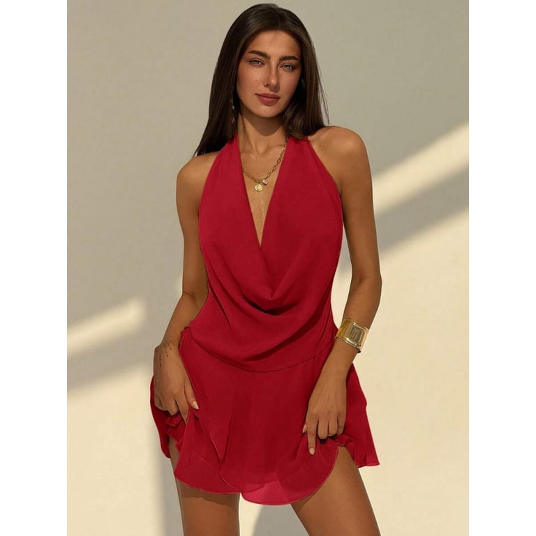/// Sexy Backless Solid Color Halter Deep Draped Neck Asymmetrical Ruffle Hem Mini Dress for Summer Outing, Women's, Size: XS, Orange