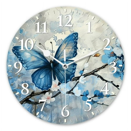 Non-Ticking Silent Wall Clocks Battery Operated Personalized Decor Clock for Bathroom,Office-Blue Butterfly On White Cherry Blossom Branch(10inch)