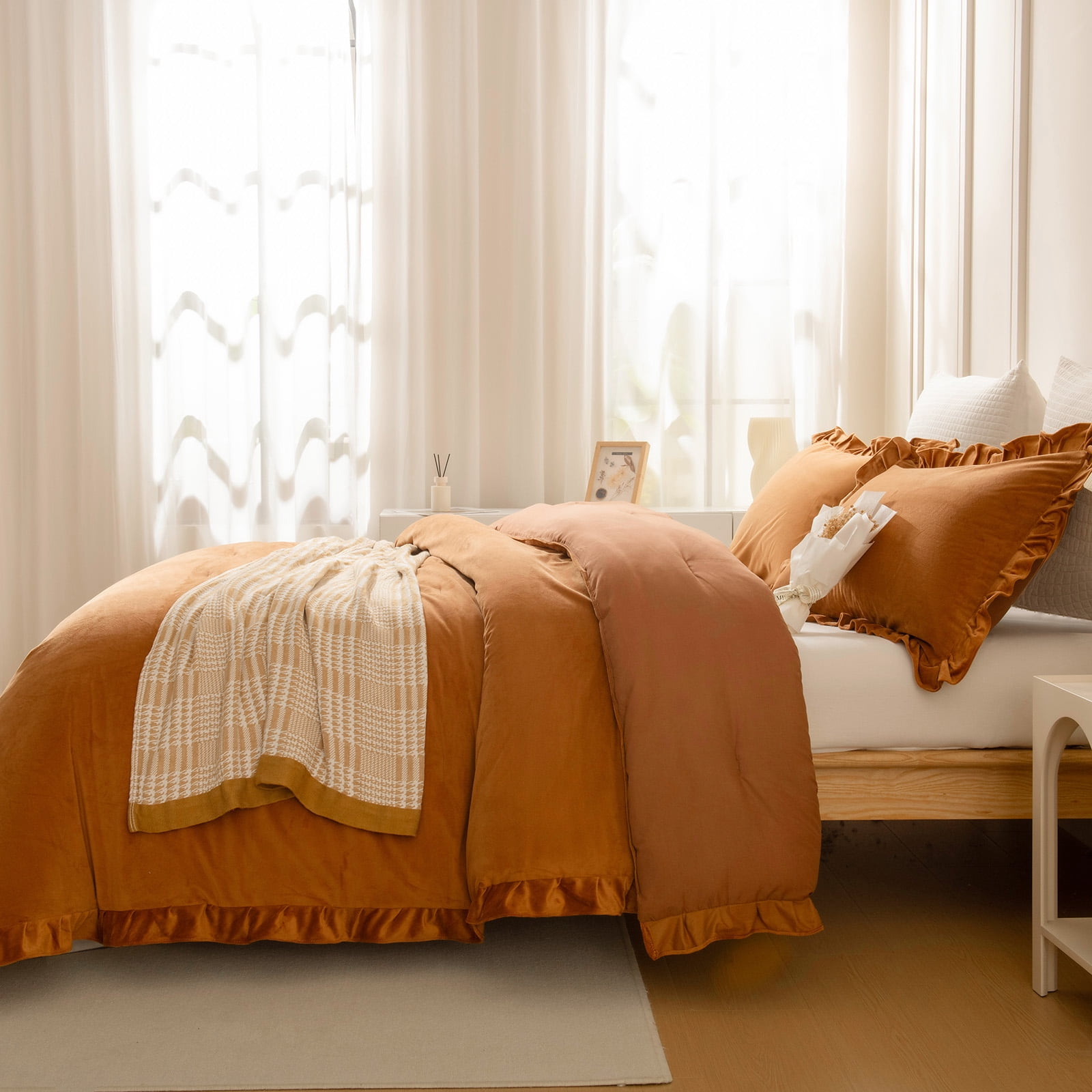 Caramel Velvet Comforter Set King, Ruffled Fluffy Plush Bedding with Pillowcases, All-Season Cozy Luxury Bed Set for Women & Girls