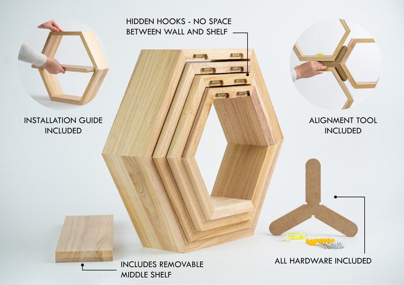 Geometric Hexagon Honeycomb Natural Wood Floating Shelves (4 Count)
