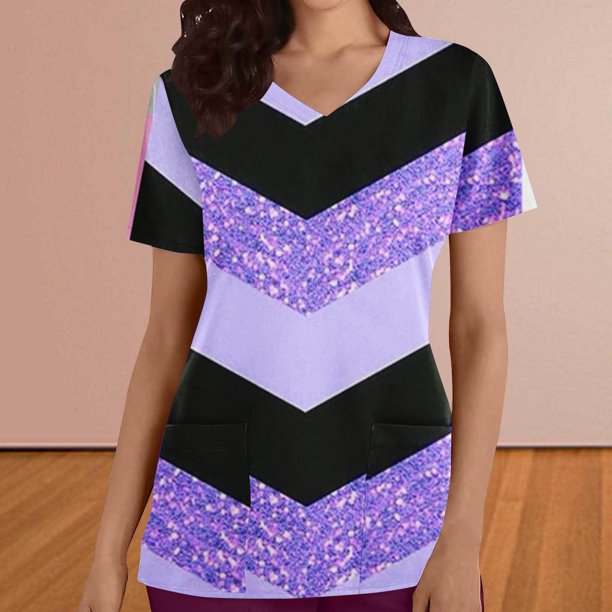 Puntoco Liquidación de blusas cortas para mujer, moda informal para mujer, cuello en V, estampado, manga corta, bolsillo, vestido de enfermera