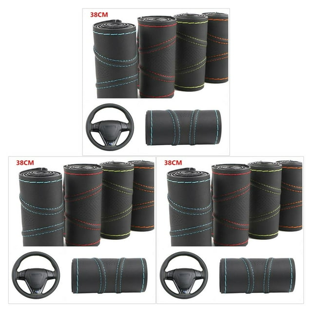 relayinert Fiber Leather Car Steering Wheel Cover Wheel Cover Anti-slip Embossing Anti-slip Embossing Pattern Auto for Protection Wheel Cover Wine Red 3Set