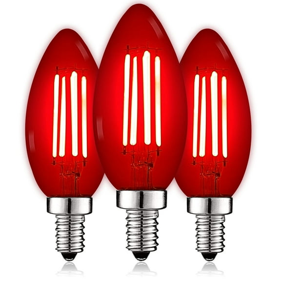 Luxrite E12 LED Filament Red Light Bulbs, 4.5W=40W, Colored Glass Candelabra Bulb, UL, E12, Decoration, Party 3 Pack