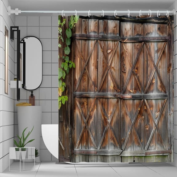 Farmhouse Shower Curtain for Bathroom, Neutral Wood Barn Door Shower Curtains Green Leaves Fabric Waterproof Shower Curtain Set with Hooks for Stall RV 72x84inches
