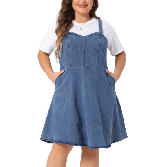 DARING DIVA Plus Size Denim Overall Adjustable Straps Pockets Dress 1X Blue