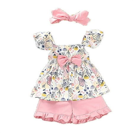 

HIBRO Little Child Girls Fly Sleeve Ruffles Bow Prints T Shirt Tops Solid Color Shorts Headbands Baby Girl (Pink 3~7 Years) Preemie Clothes Girl Mom Dad And Baby Clothes