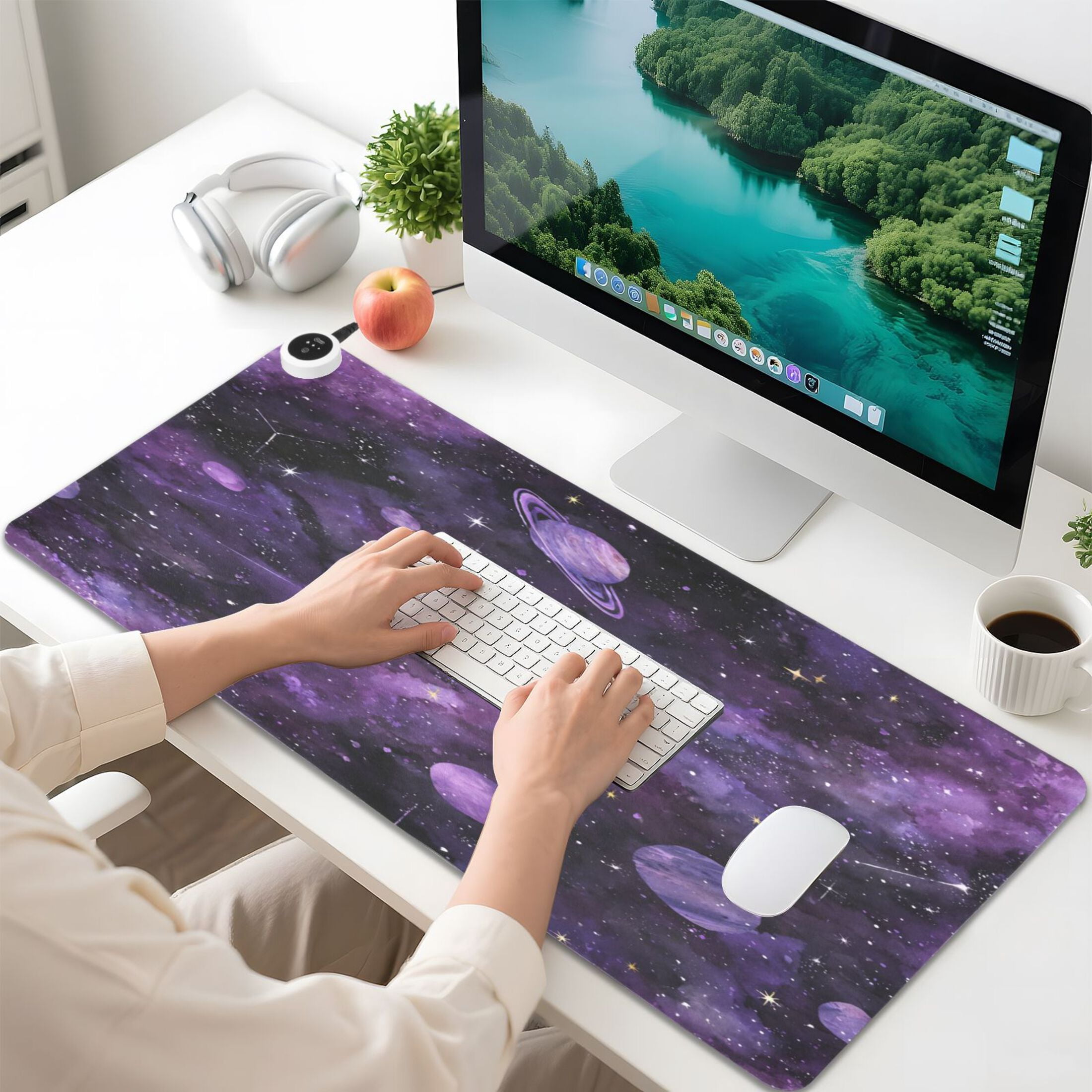Large Heated Desk Mat Mouse Pad 31.5"x13"PU Leather Graphene Heating Desk Warmer with 3 Temperature Settings 110V US Plug Non-Slip Warm Pad for Home, Office, and Gaming Purple Galaxy Cosmic Whispers