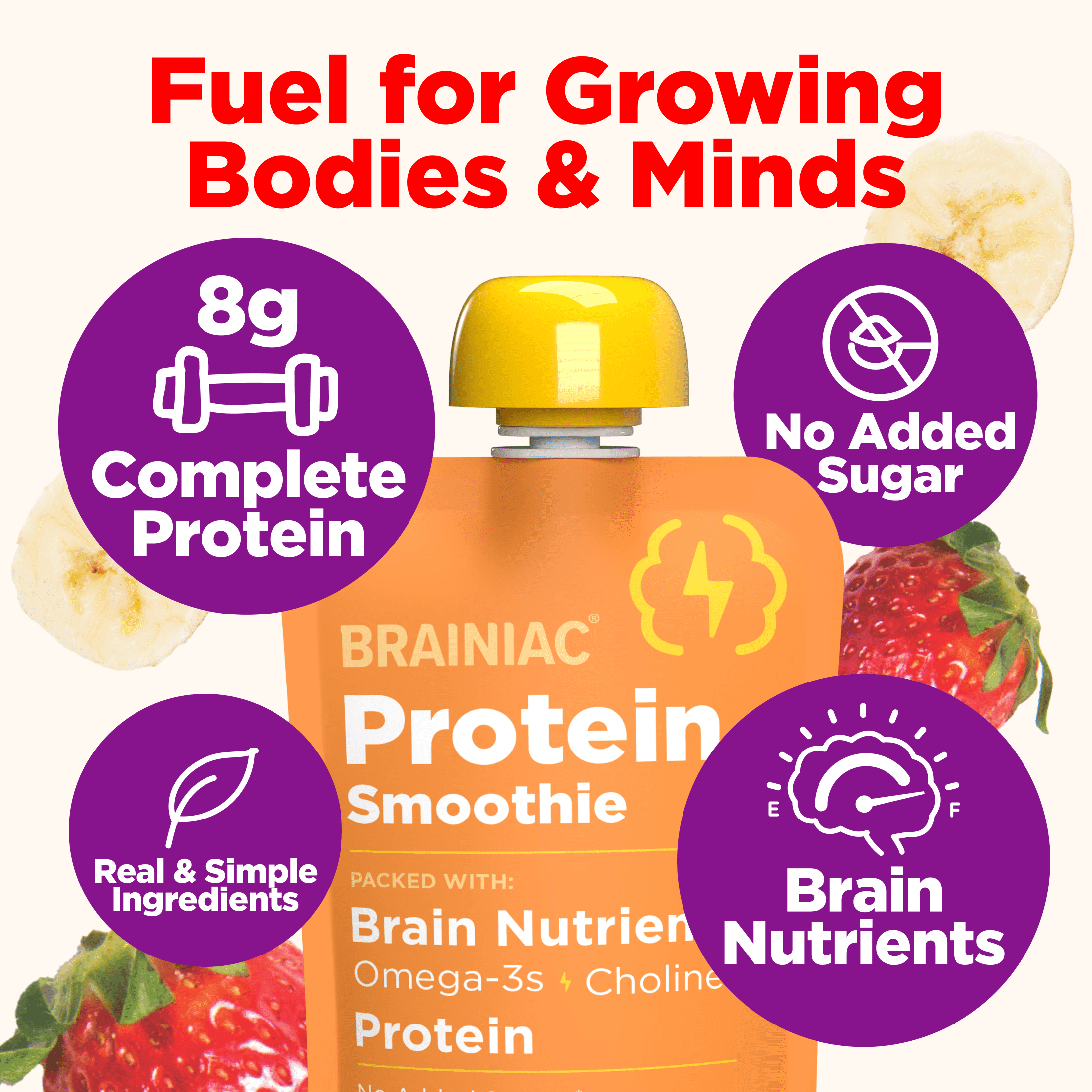 Brainiac Protein Smoothies with Omega-3s, Peach Banana, No Sugar Added, 4 oz, 4ct