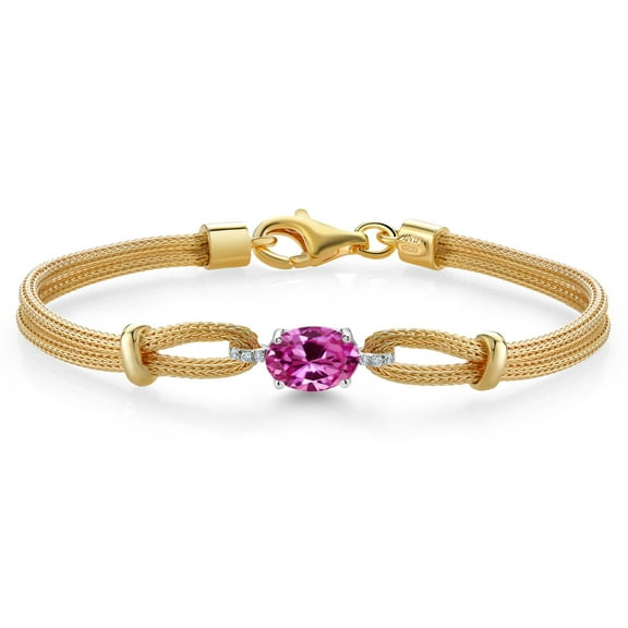 925 Two Tone Sterling Silver Pink Created Sapphire and White Lab Grown Diamond Bracelet for Women (1.69 Cttw, Gemstone September Birthstone, Oval 8X6MM, 6.5/7/7.5 inches, Made in Italy)