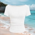 thumbnail image 4 of hoksml Women's Ribbed Boat Neck Elbow Sleeve Top, Side Ruched Slim Fit Crop Shirt for Summer Casual Wear, 4 of 5