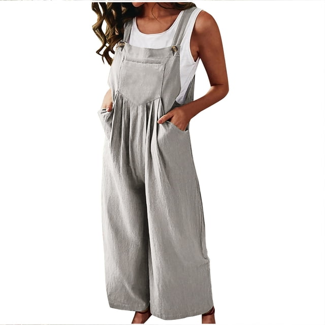 Women Summer Sleeveless Cotton Linen Bib Overalls Baggy Wide Leg Jumpsuits Solid Lounge Beach Rompers with Pockets