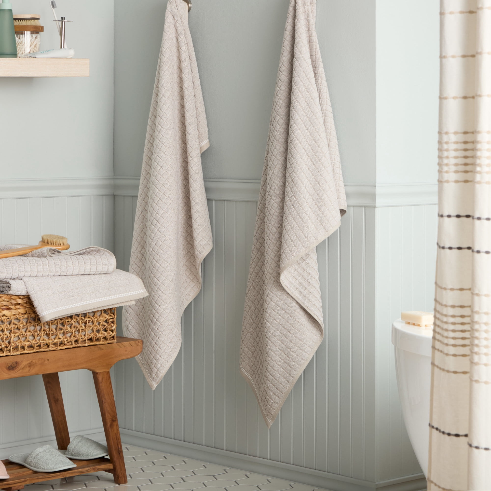 TOWN & COUNTRY EVERYDAY 4-Piece Textured Windowpane Bath Towel Set, 30"x58", 100% Cotton, Plush & Absorbent 550GSM, Beige