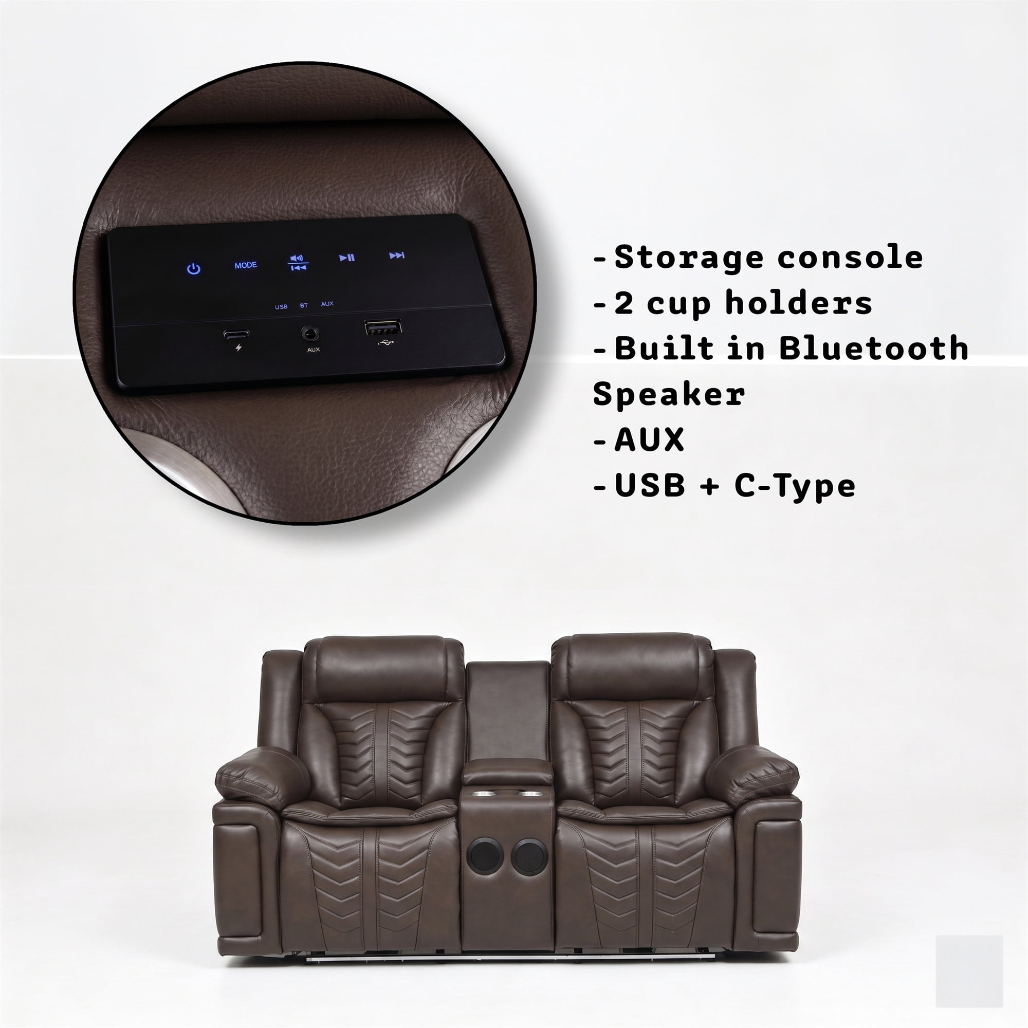 Electra Luxury Power Reclining Loveseat - Dark Brown Faux Leather Motion Console Couch with Built-In Bluetooth Speakers, Storage, Cup Holders, and Cinematic LED Lighting