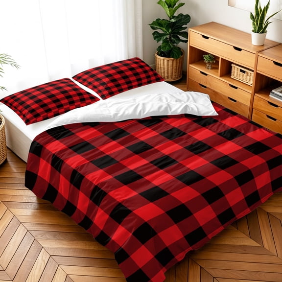 Queen Size 3 Pieces Duvet Cover Sets Red Black Buffalo Lattice Bedding Set,Microfiber Soft Comforter Cover with Pillow Shams,Luxury Quilt Covers for Bedroom Decor Classic Modern Plaid