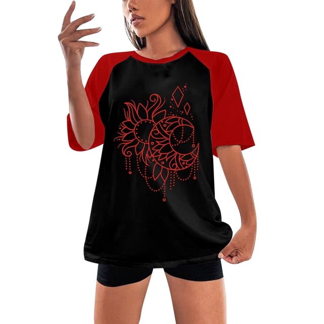 Gibobby Playera Corte clásico para Mujer Camiseta manga corta con cuello redondo y manga raglán para mujer con cuello redondo y manga raglán suelta para muj(Rojo,M)