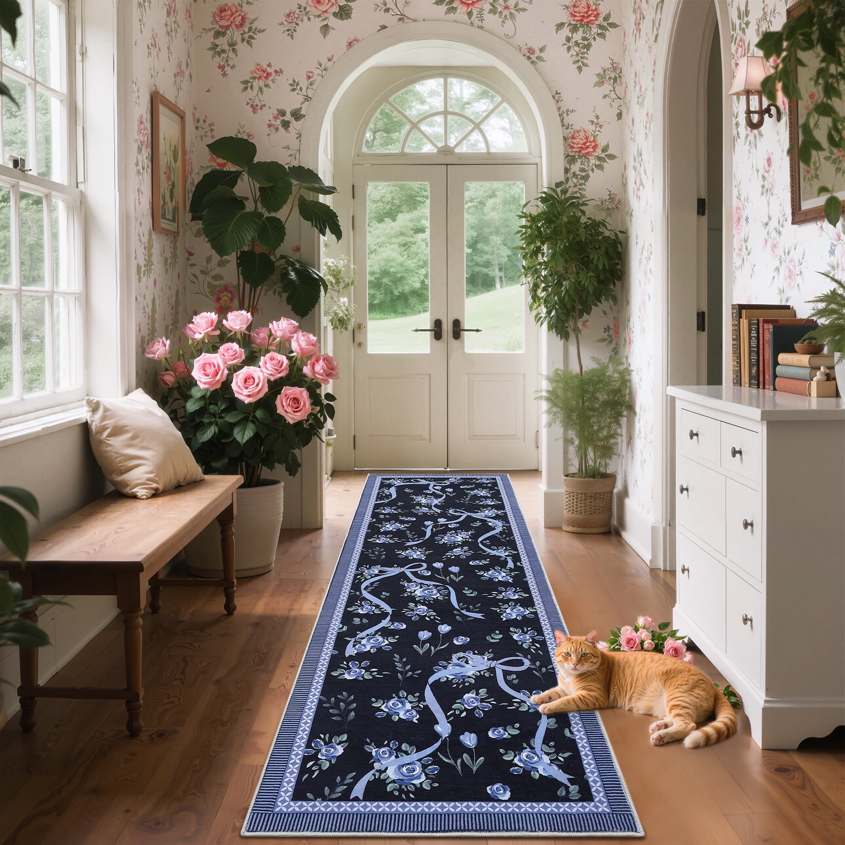 Hasoo 2'x 6' Floral Throw Rug Modern Indoor Carpet Soft Non Slip Runner for Bathroom Entryway Dorm, Blue
