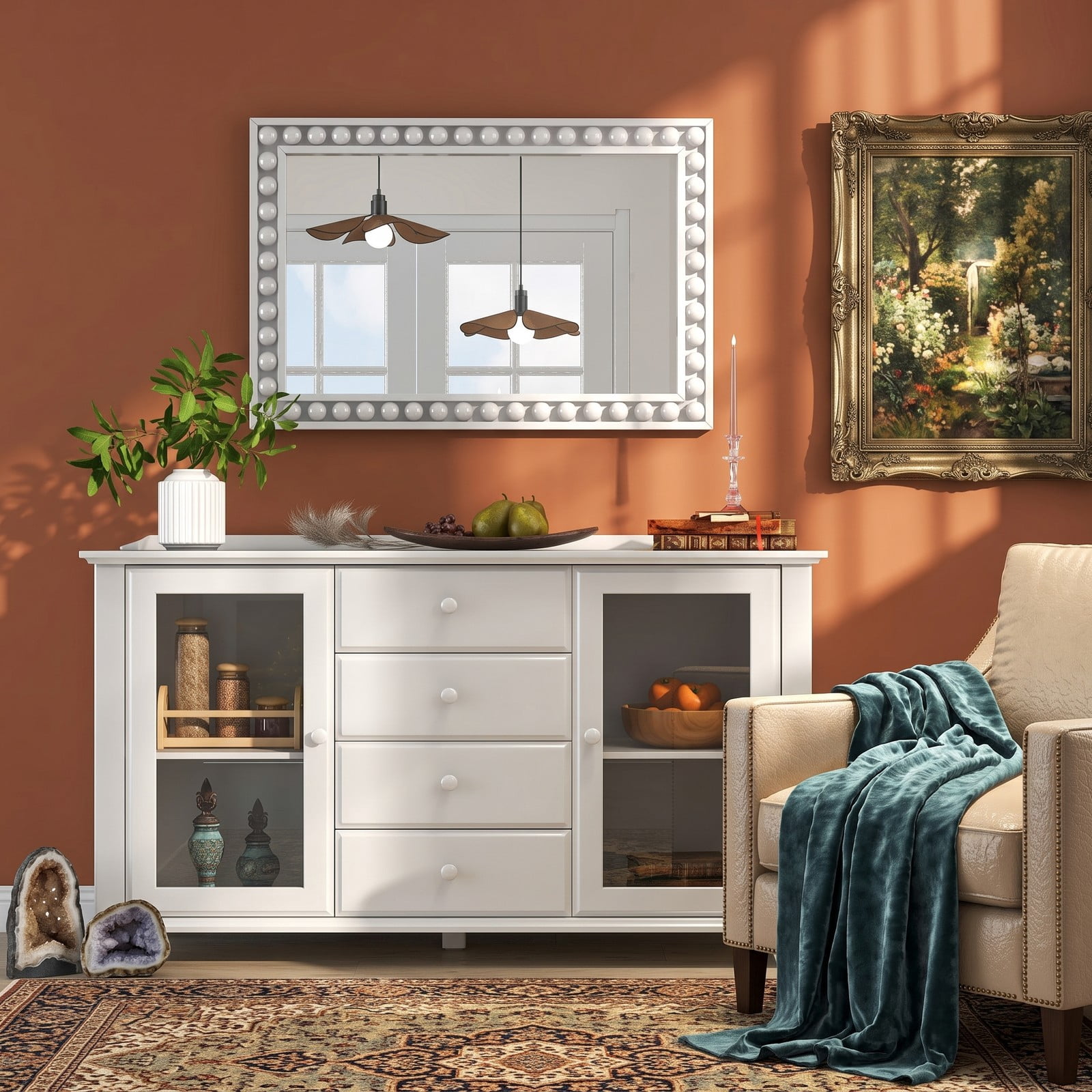 ALPULON 24 x 36 Inch Rustic Wall Mirror with Solid Wood Beaded Frame, Rectangle Vanity Mirror for Living Room Bedroom Bathroom Entryway Wall Decor, White