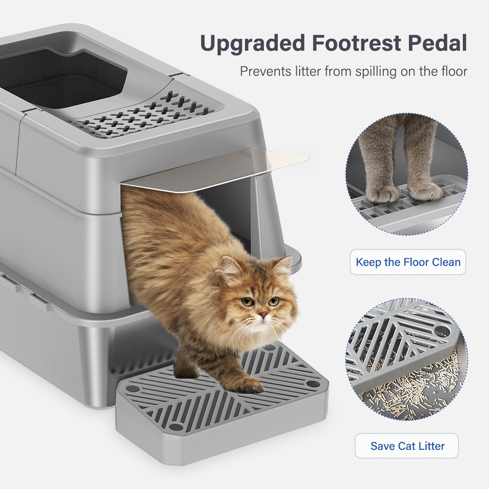 Aphyxen Stainless Steel Enclosed Cat Litter Box, Extra Large Top Entry with 110° Flip Cover & Pedal, Anti-Leakage, Grey