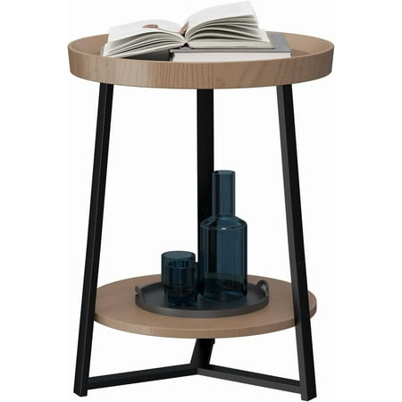 Round End Table with Storage Shelf Farmhouse Side Table Nightstand for Living Room Bedroom Wood Tabletop & Metal . * . * .