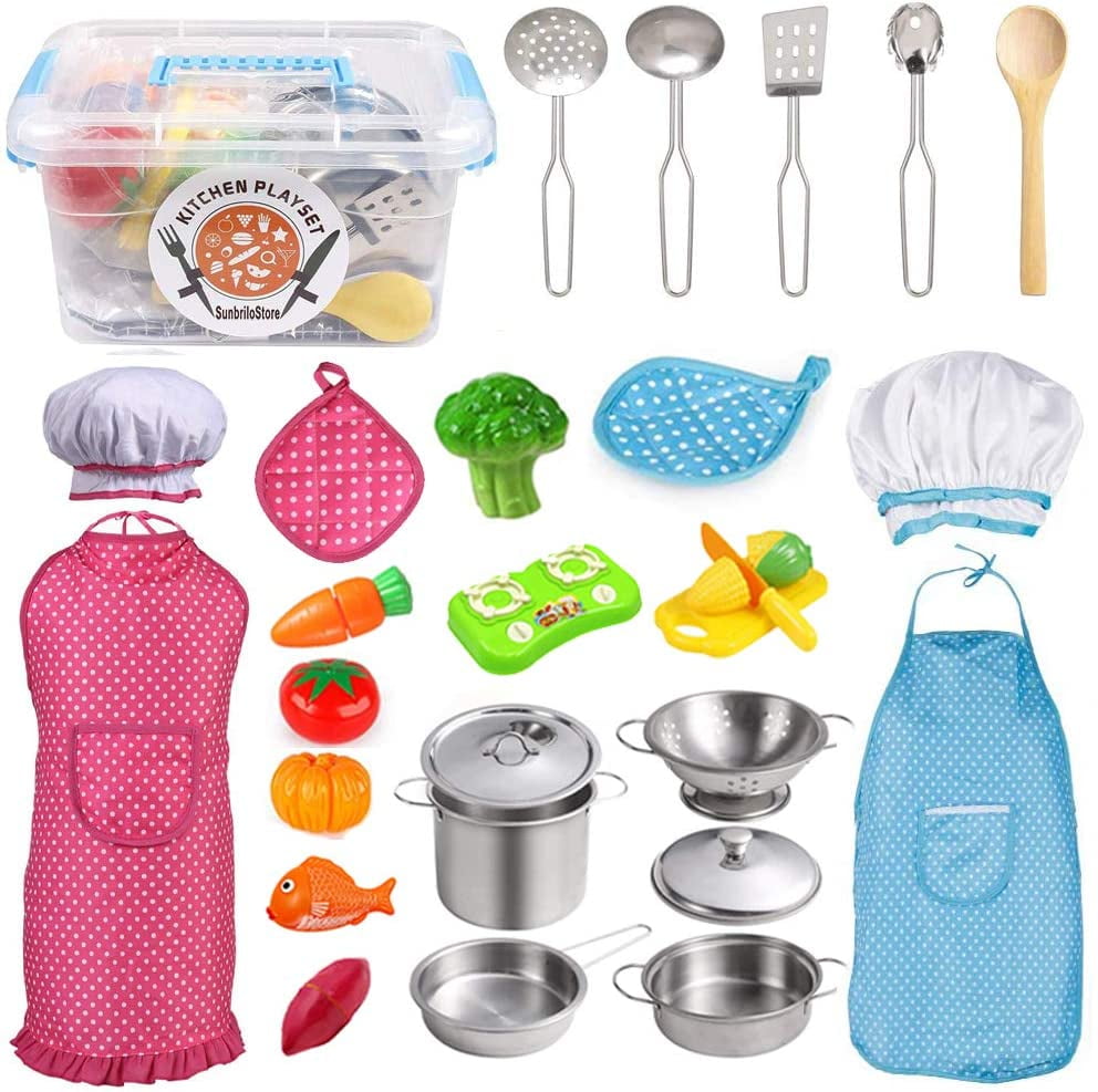 28 pc Kids Cutlery Role Play Toy Set  Kitchen Utensil Accessories Pots Pans 