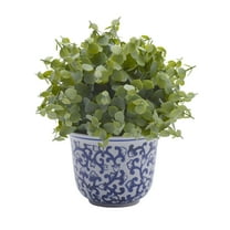 Elements 10 inch Artificial Boxwood in Ceramic Pot, Blue and White