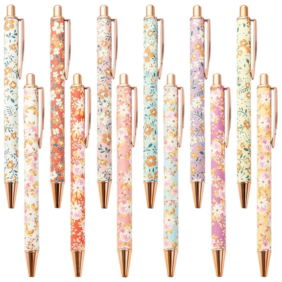12 Pcs Flower Fancy Pens for Women Floral ballpoint pen Pretty Retro Floral Cute Ballpoints Black Ink Metal Retractable Writing Journaling Gifts for Office Supplies