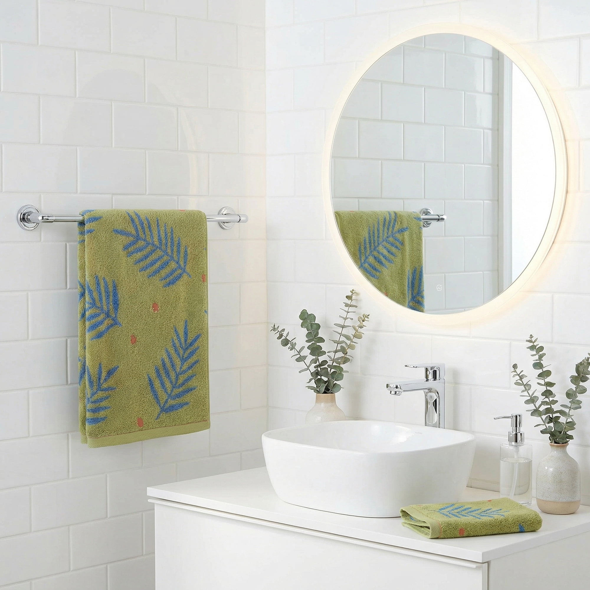 Unique Bargains Cotton Soft Hand Towel Leaf Pattern Absorbent Towel Green 29" x 13"