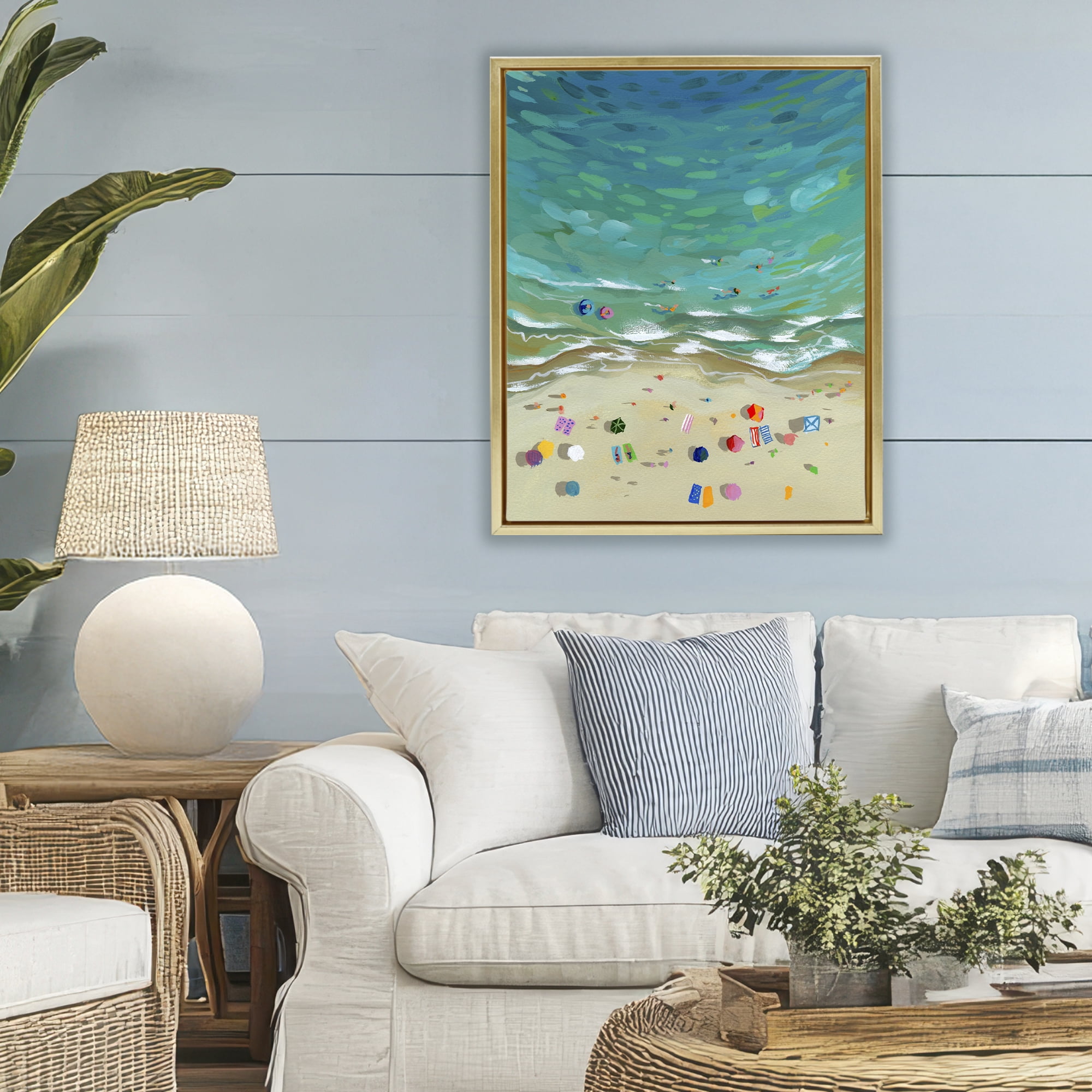 Stupell Industries Aerial Beachside with Umbrellas Gold Framed Floater Canvas Wall Art, design by Brook Page