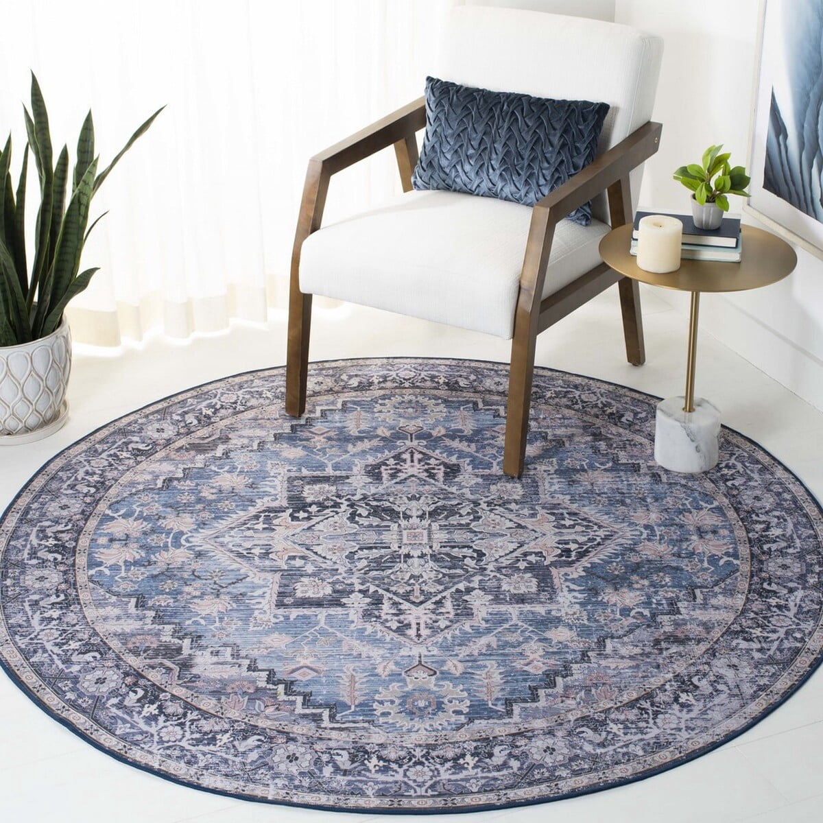 SAFAVIEH Tucson Beulah Traditional Machine Washable Area Rug, 6' x 6' Round, Blue/Charcoal