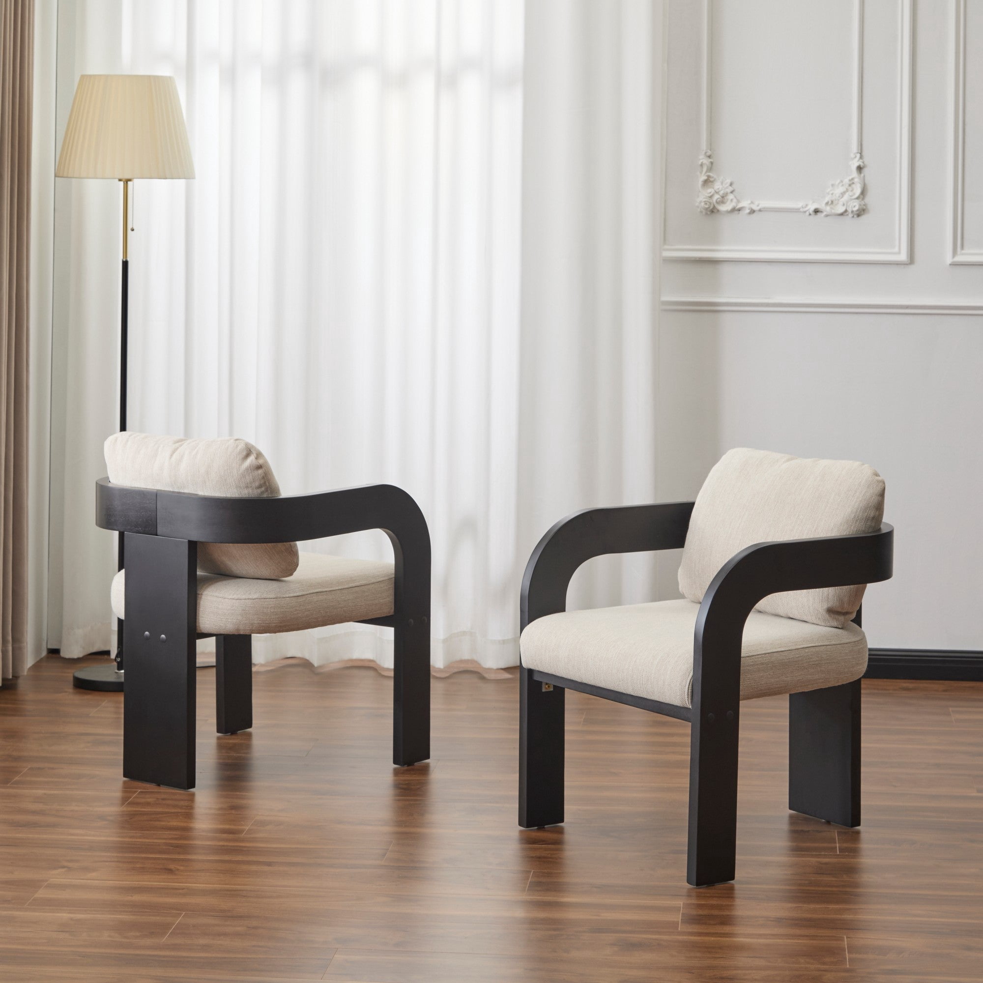 Sailvan Set of 2 Dining Chairs,Boucle Fabric Upholstered Kitchen Chairs with Pillow Back,Natural Solid Wood Frame with Curved Arms Beige&Black