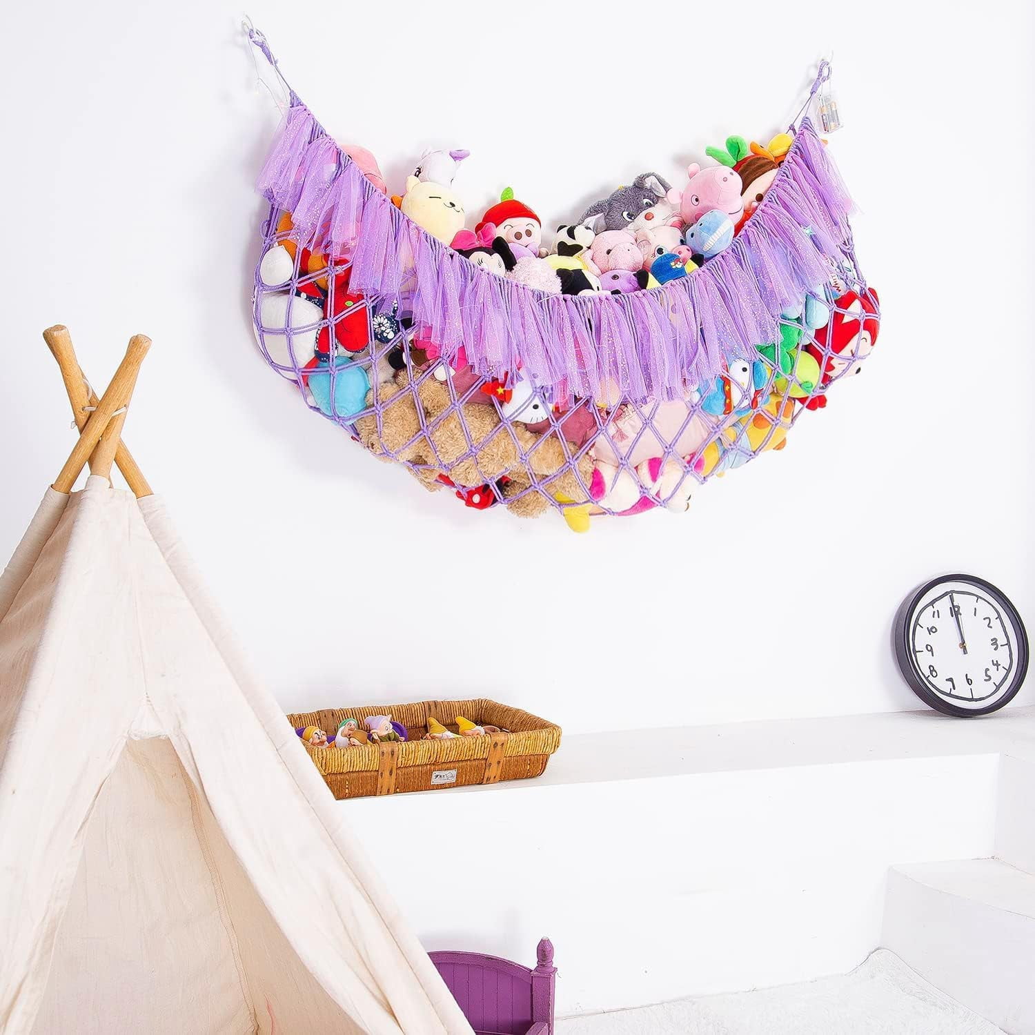 Large Stuffed Animal Net or Hammock with Led and Mesh Ribbon Wall Hanging Toy Net for Stuffed Animals Creative Stuff Animal Storage Ideas Macrame Toy Hammock Stuffed Animal Hammock-Purple