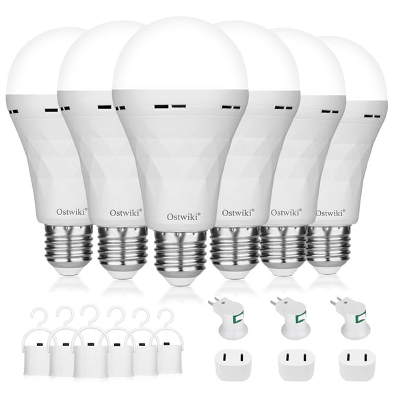 Ostwiki 6 Pack Rechargeable Emergency Light Bulbs Battery Operated Bulb, for Power Outage 9W E26 8500K Daylight Self-Charging LED Lamps for Home Hurricane Preparedness Camping