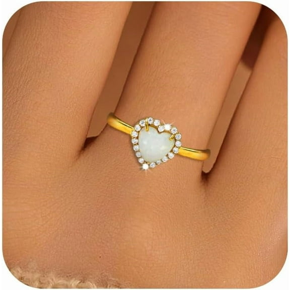 Opal Heart CZ Promise Ring for Women 925 Sterling Silver Love White Opal Engagement Band CZ Ring 14k Gold Plated to Daughter Mom Dainty Stackable Ring Wedding Christmas Jewelry Gifts for Her