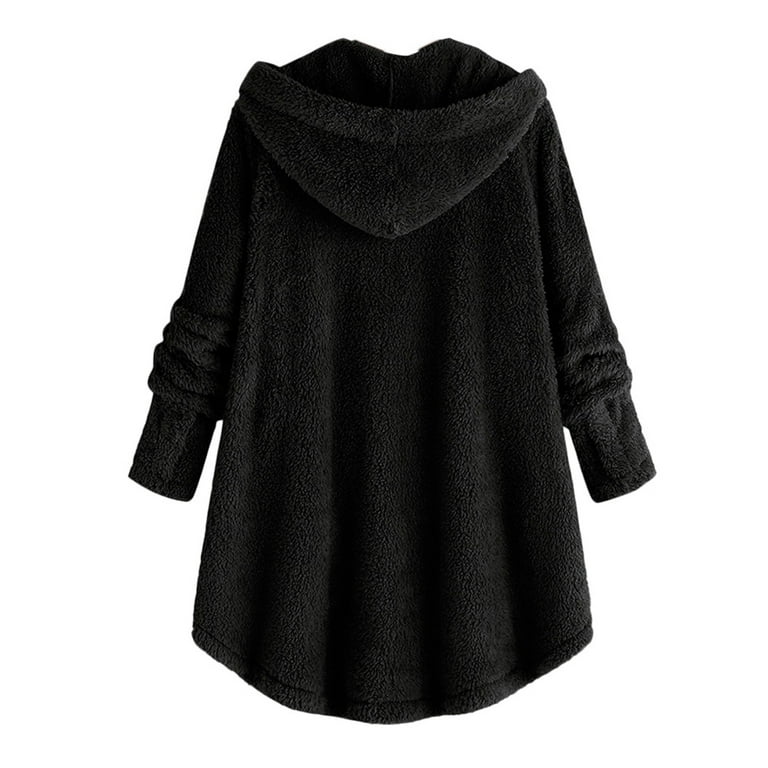 Fleece Jacket for Women Plush Thermal Warm Coats Pullover Hoodie Button Hooded Sweatshirt Cat Ear Pocket Oversized Outwear Walmart