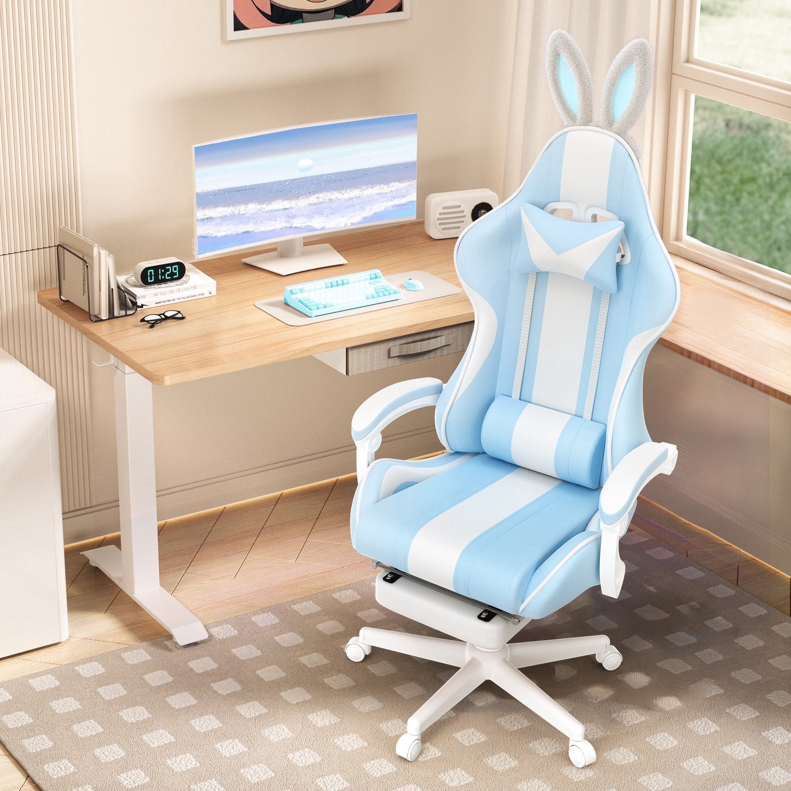 SOONTRANS Blue Gaming Chair, High Back Gamer Chair with Footrest, Reclining Adjustable Game Office Chairs Massage Pillows for Girl  Gift Present