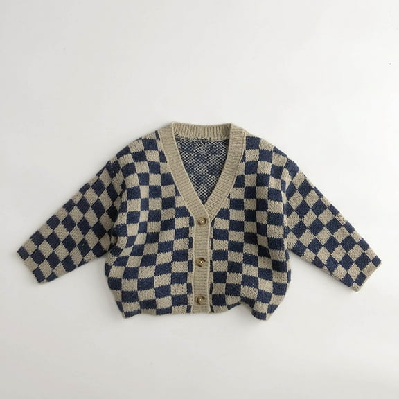 fnnxnal Big Girls' 7T Navy Checkered Cotton Knit Cardigan - Soft Durable, Button-Front, Easy On/Off, All-Season for School & Daily Wear