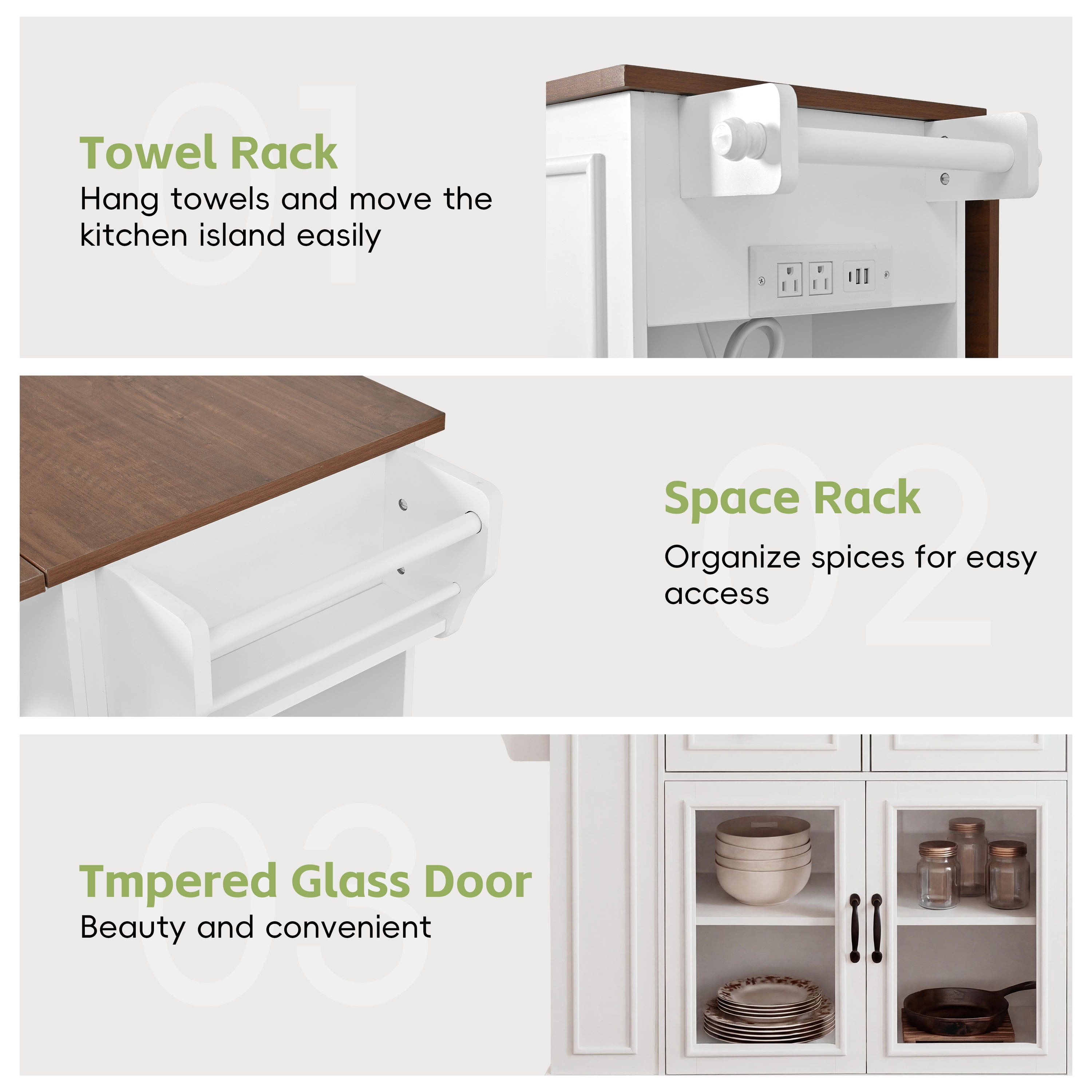 54" Mobile Kitchen Island with Glass Door Storage, Power Outlet & Open Shelves, Rolling Kitchen Cart with Towel Rack, Spice Rack & Knife Holder, Functional Kitchen Prep Table for Kitchen, Dining