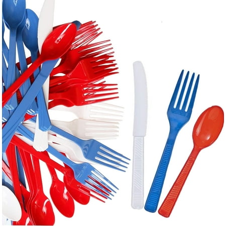 288Pcs USA Patriotic Decorative Cutlery Set in Red, White and Blue. Includes 80 Spoons, 80 Forks, 80 Knives. Quality Materials, Safe for Parties, Picnics, 4th of July & other Social Events