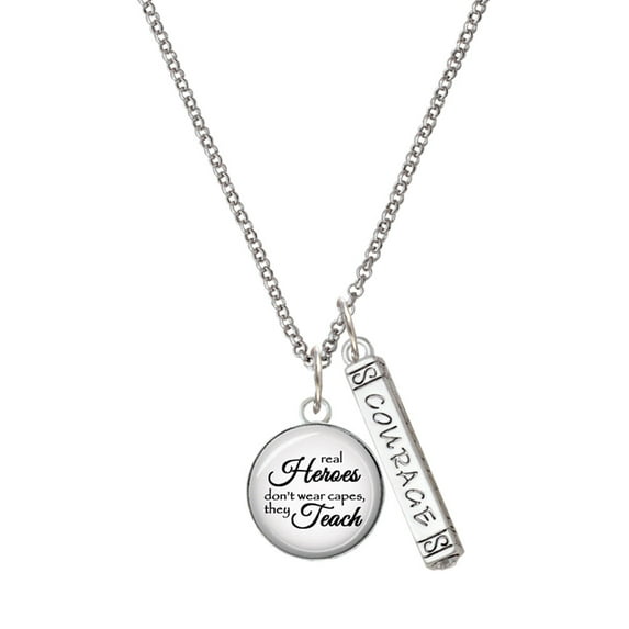 Delight Jewelry Domed Real Heroes Teach Silvertone Courage Strength Wisdom Honesty Bar Charm Necklace, 23"