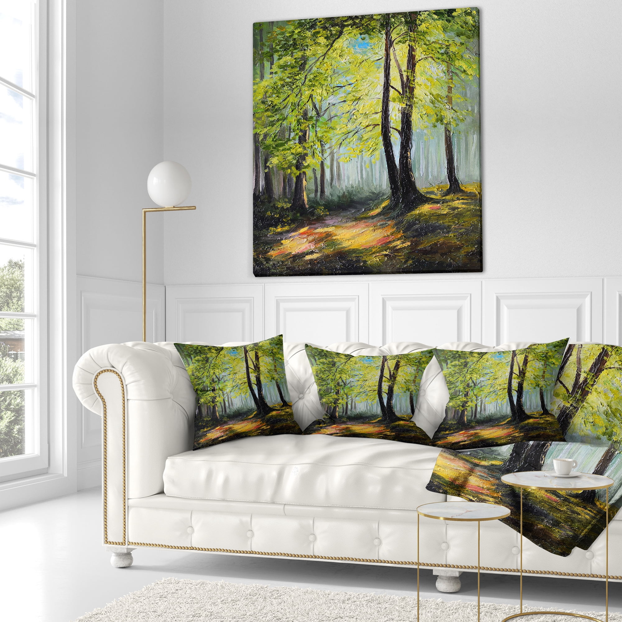Designart Green Autumn Forest - Landscape Printed Throw Pillow - 16x16