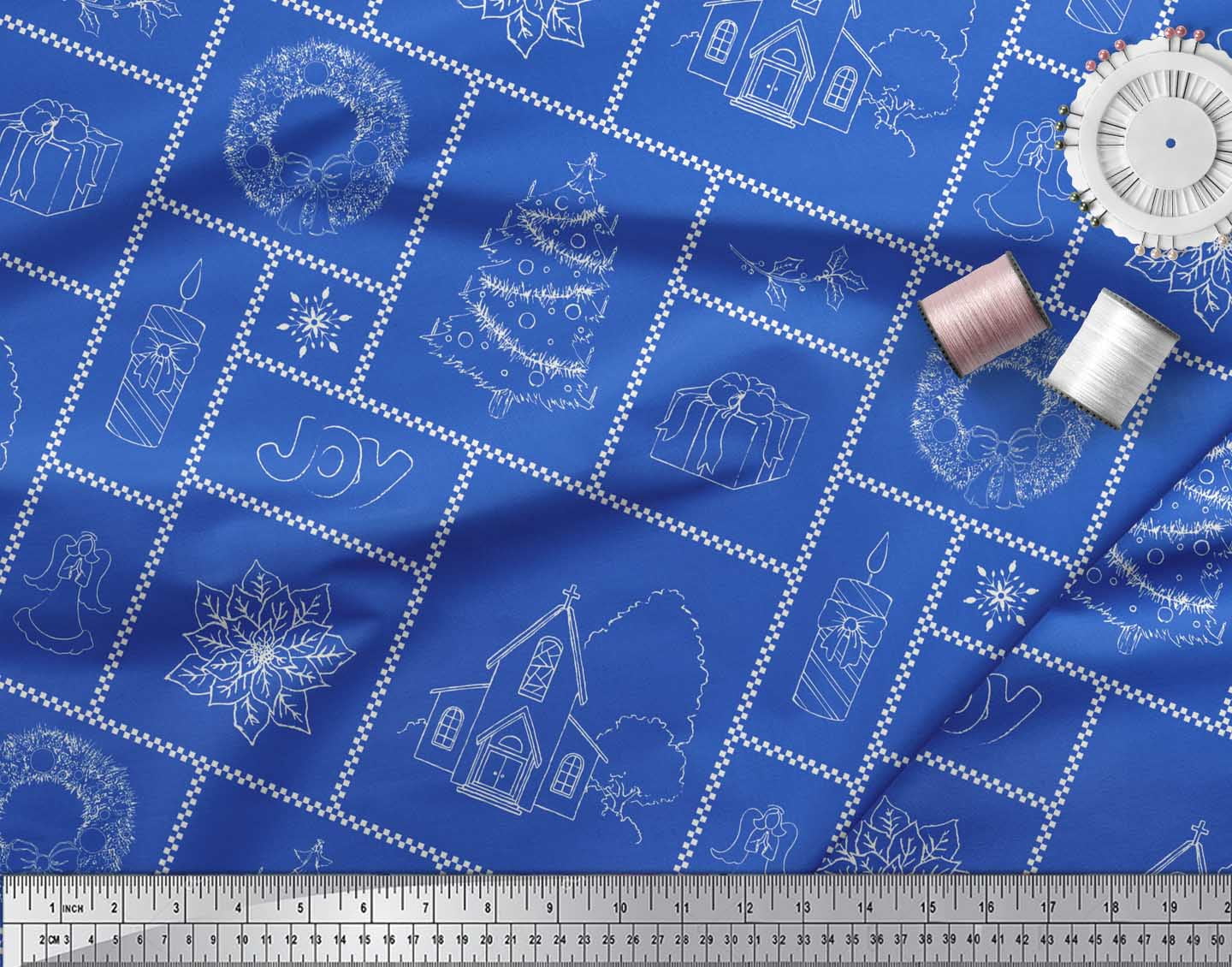 Soimoi Blue Rayon Fabric Christmas Theme Party Print Fabric by Yard 56 Inch Wide