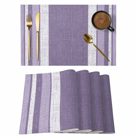 Purple Vertical Stripe Placemats Set of 8, Rustic Minimalist White Linen Texture Non-Slip Place Mats Washable Table Mats for Kitchen Dining Table Decorations Indoor/Outdoor