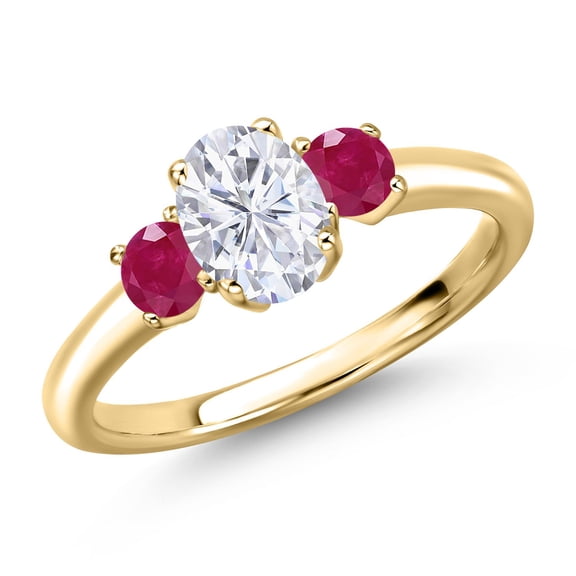 Gem Stone King 10K Yellow Gold White Moissanite and Red Ruby Engagement Ring for Women | 1.40 Cttw | Oval 7X5MM | Gemstone Birthstone | Size 9