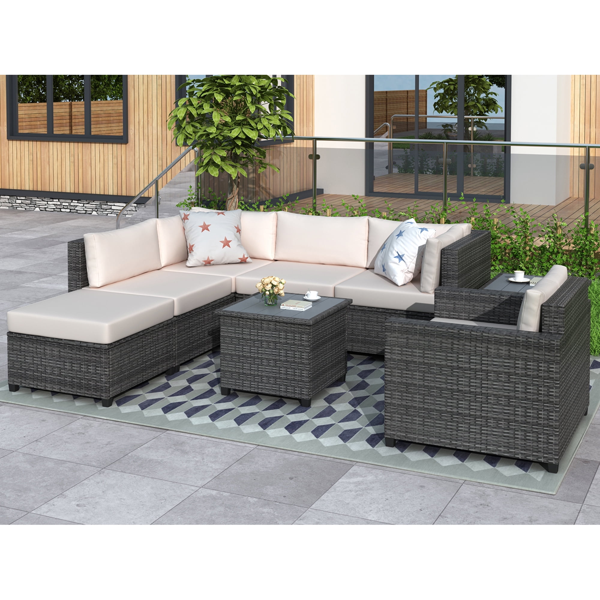 Kadyn 8 Pieces Patio Furniture Sets, Outdoor Wicker Sectional with Cushions, Outdoor Conversation Sofa Set for Patio, Beige Kadyn 8 Pieces Patio Furniture Sets, Outdoor Wicker Sectional with Cushions, Outdoor Conversation Sofa Set for Patio, Beige