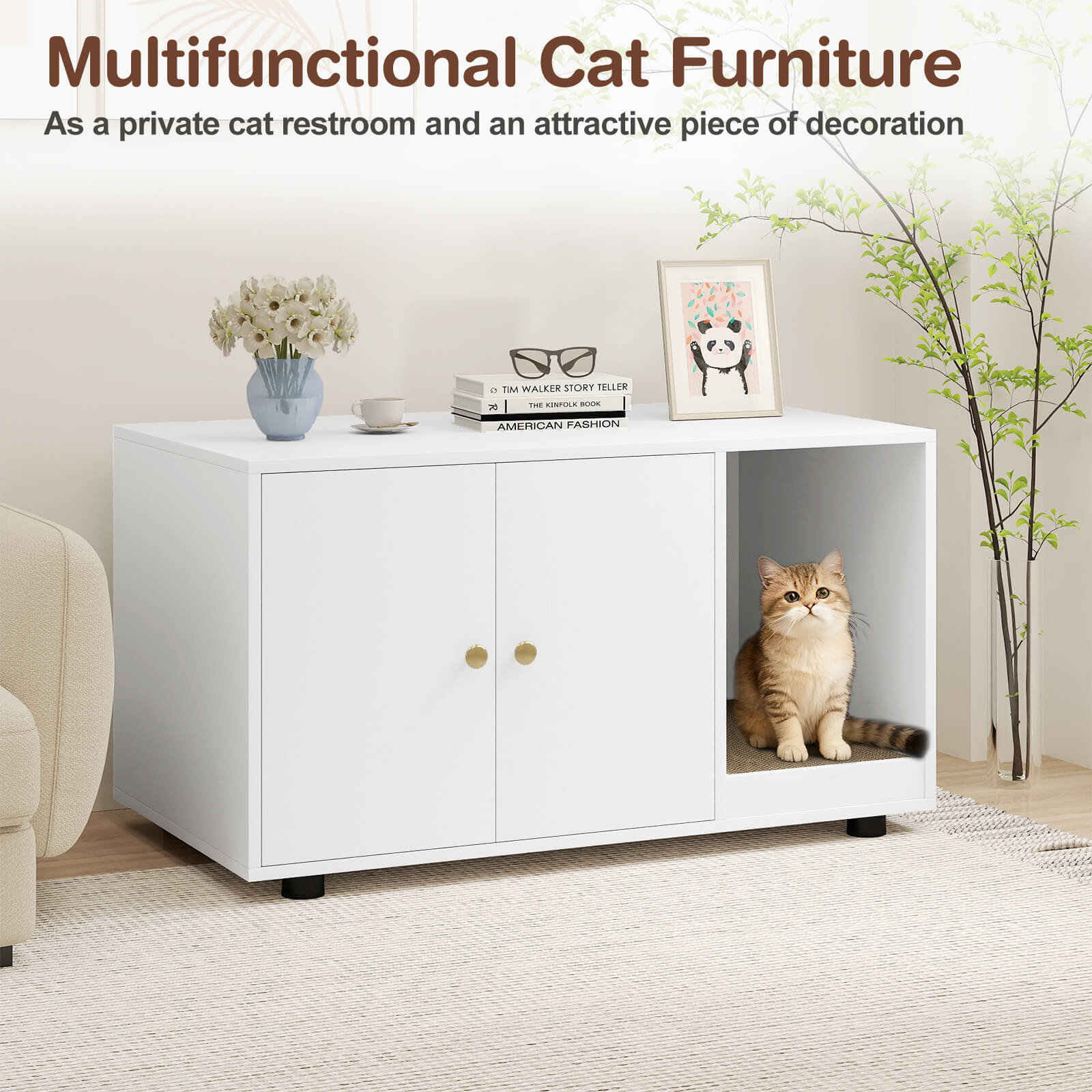 Costway Wooden Cat Litter Box Enclosure, Hidden Litter Box Furniture with Scratching Board White