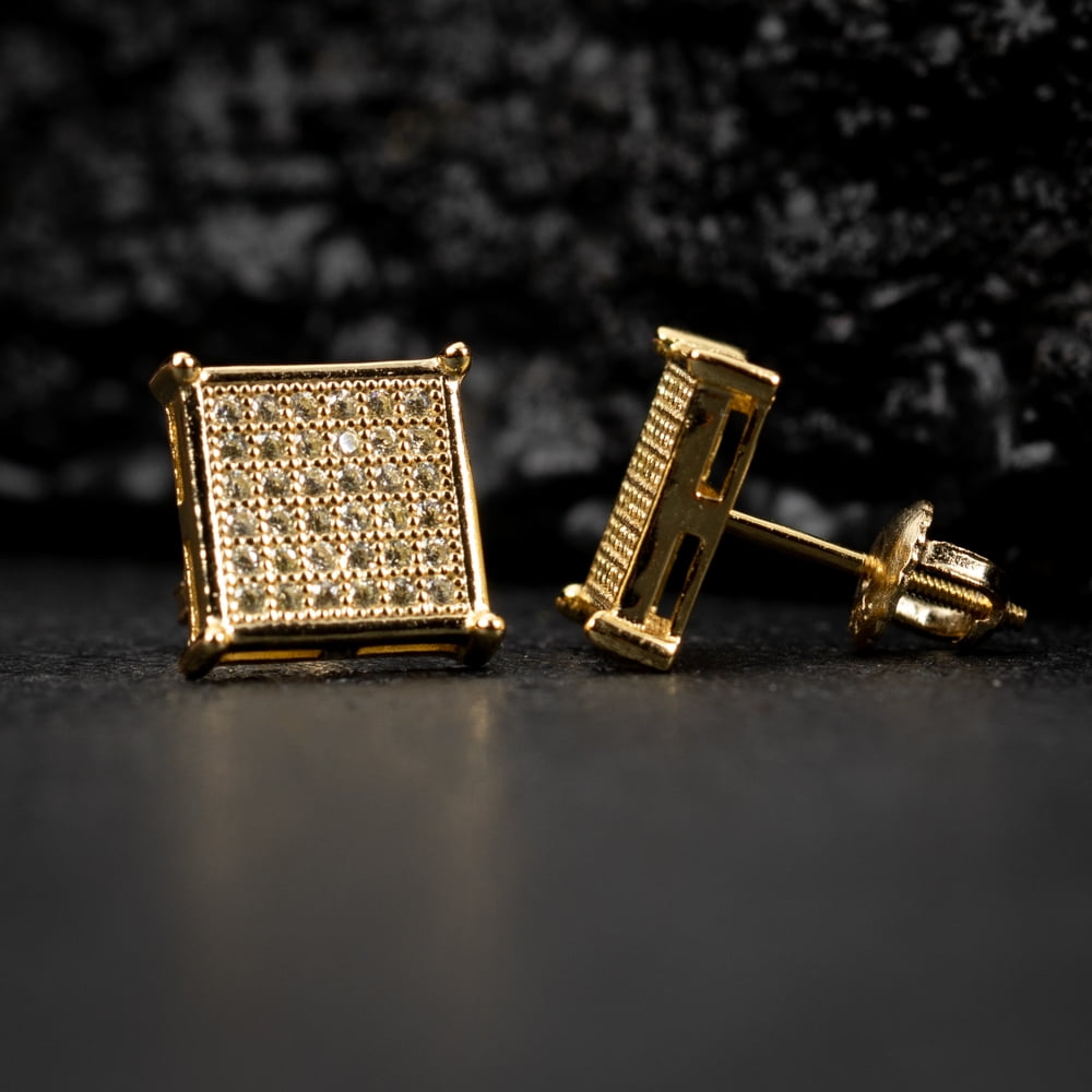 Men's 14K Yellow Gold Plated 925 Sterling Silver Canary Yellow 5A Cz Cubic Zirconia Hypoallergenic Square Flat Screen Iced Hip Hop Micro Pave Ice Out Stud 10mm Screw Back Earrings For Men