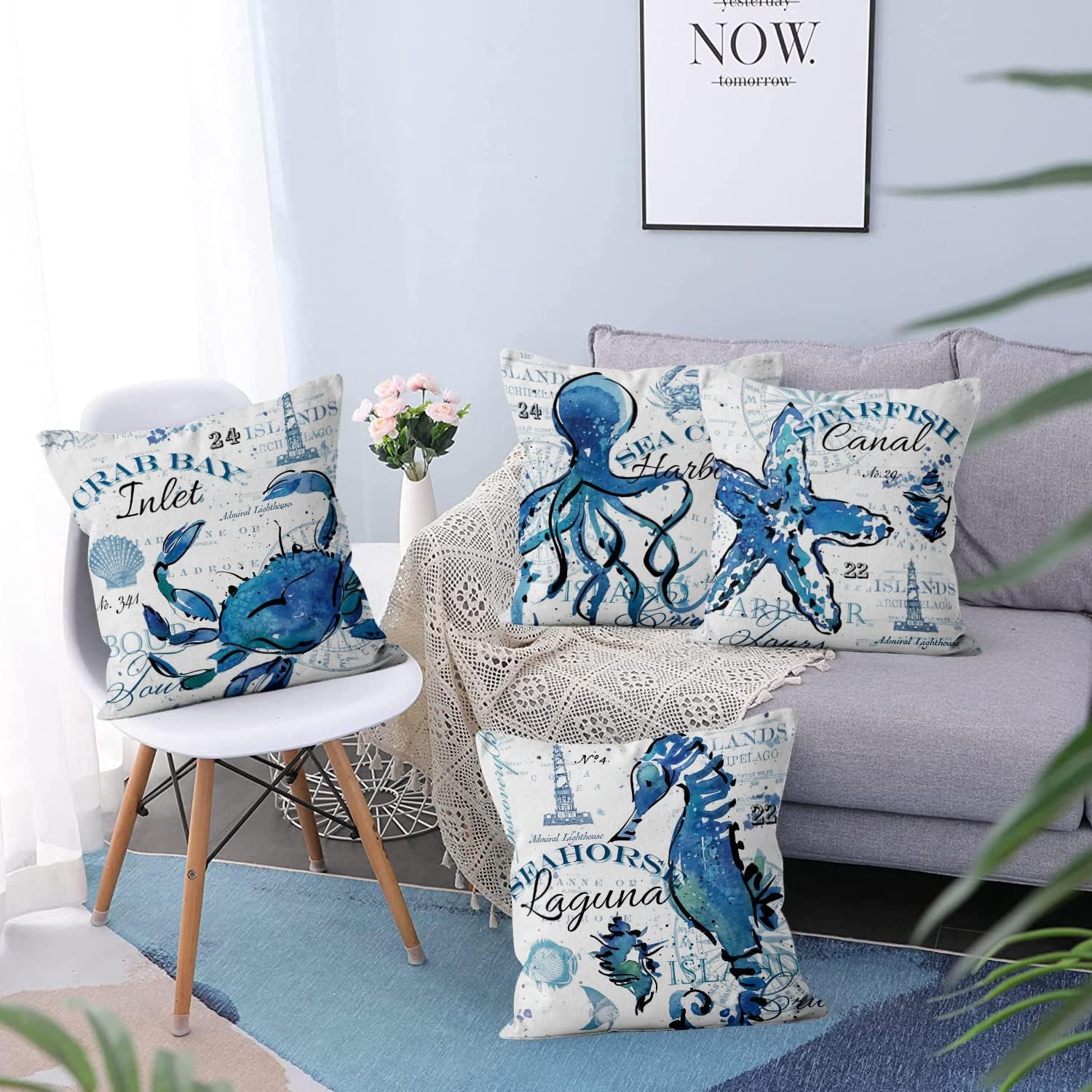 Ocean Theme Pillow Covers 16x16 Set of 4, Navy Blue Sea Animals Throw Pillow Covers Crab Seahorse Octopus Starfish Pillowcase Coastal Accent Summer Decorative for Home Outdoor