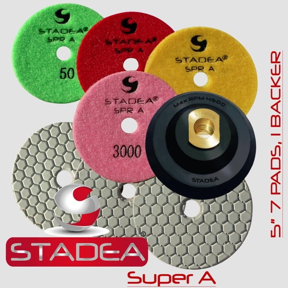 5" STADEA Diamond Polishing Pads Dry - Set of 7 with Rubber Backer Holder